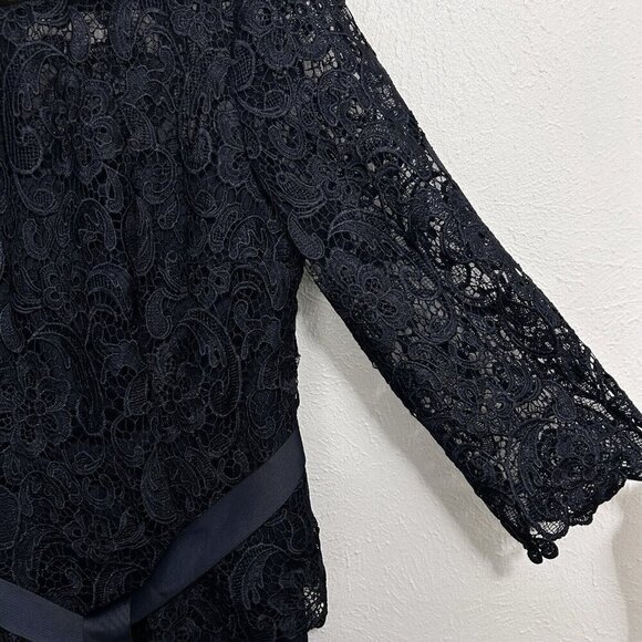 Vintage Patra Blue Evening Formal Dress Sz 14 Floral Lace Overlay Bodice Belted - Picture 7 of 14